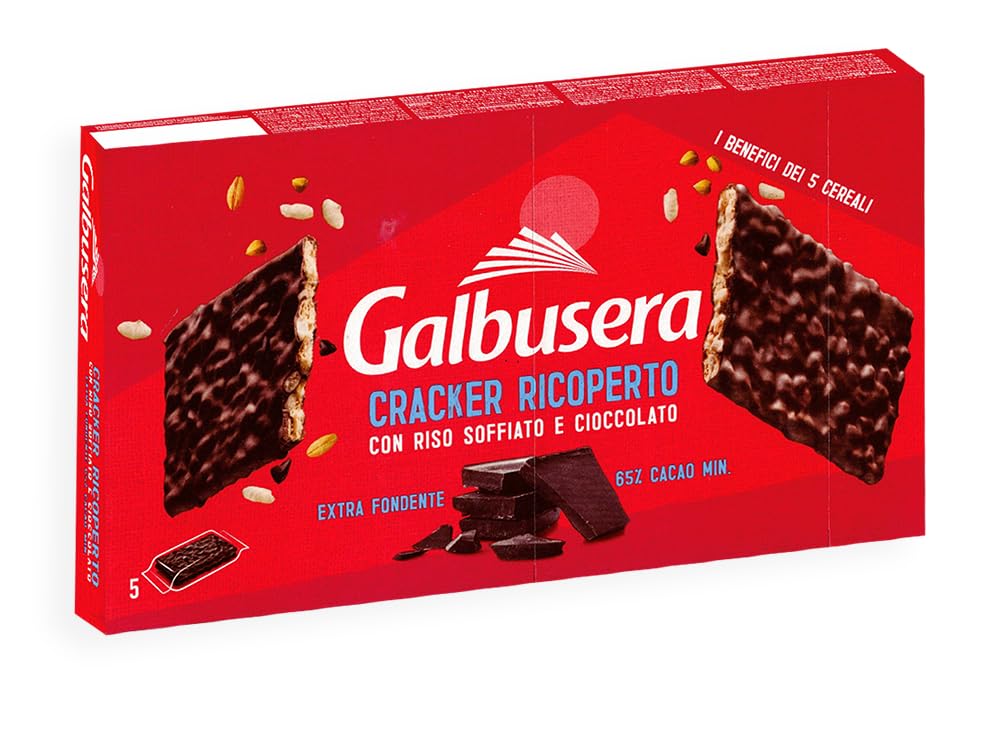 4X Galbusera Cracker ai 5 Cereali Ricoperto con Riso Soffiato e Cioccolato Fondente Extra 150g