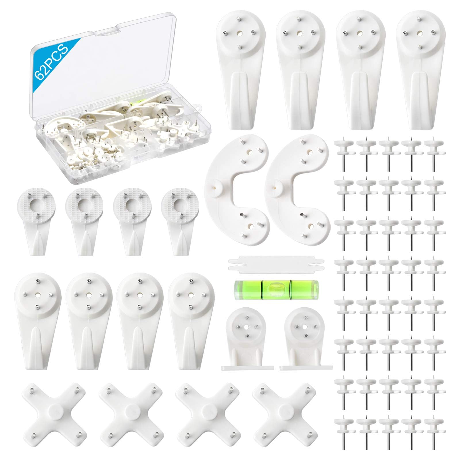 Picture Hanging Kit, 62PCS Hardwall Hangers for Cinder Block, Concrete, Drywall, Lime, Plaster, Stucco, Wood, Plastic White Hooks, 22lb Max Weight, No Trace, Easy Install