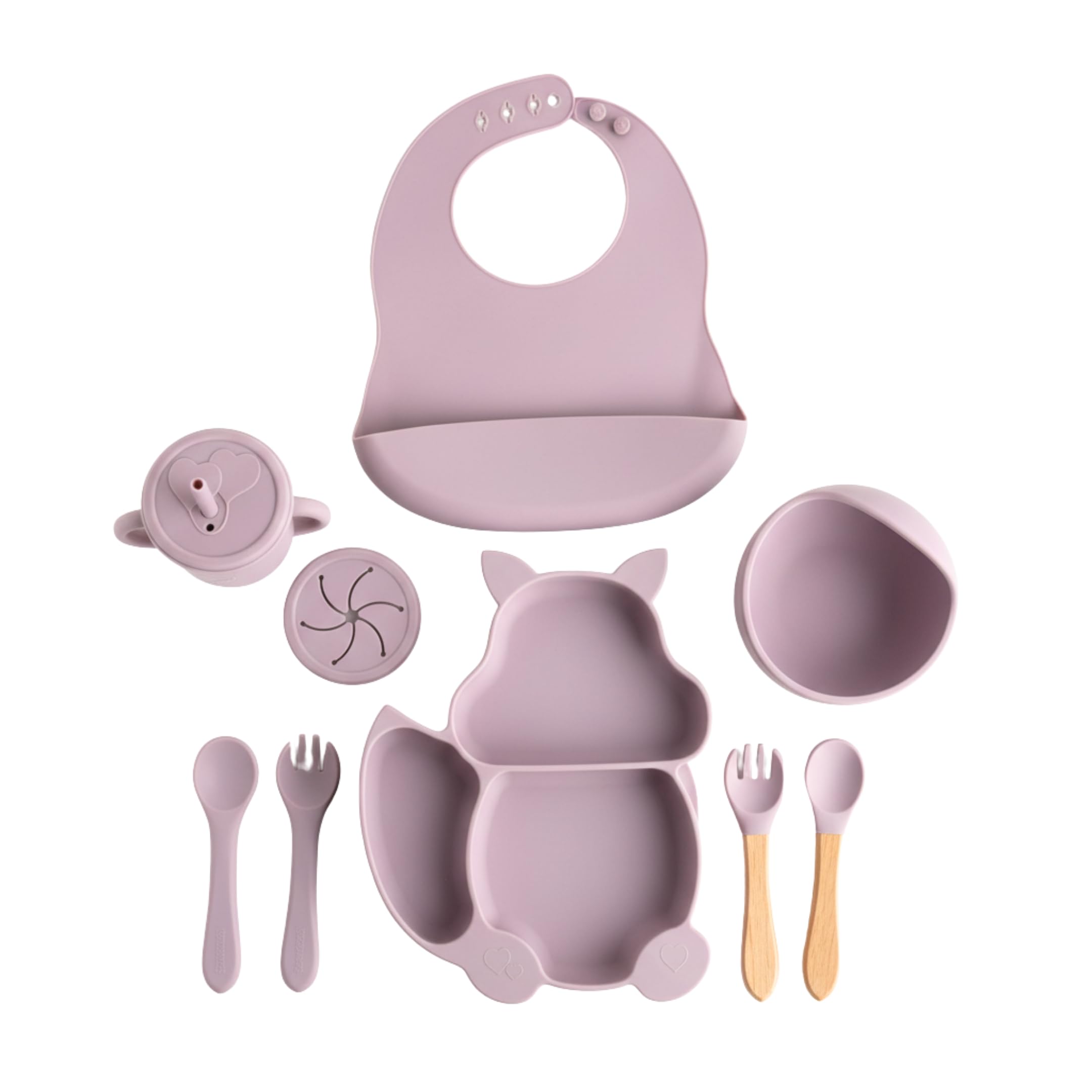 Purple Squirrel 10-Piece Silicone Baby Feeding Set | BPA-Free Toddler Dinner Set with Suction Plate, Bowl, Bib, Cup with 2 Lids, Spoons & Forks | Purplish Mauve-image-36