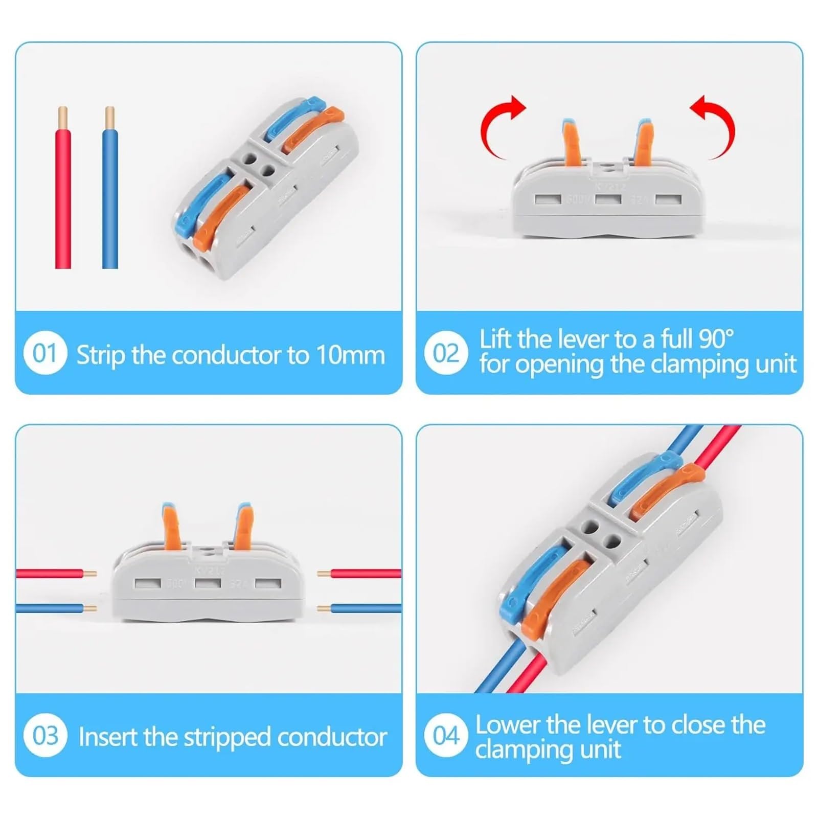 Lot de 10 connecteurs de fils rapides 2 en 2 sorties, écrous à levier électrique, connecteurs de fils à enfoncer