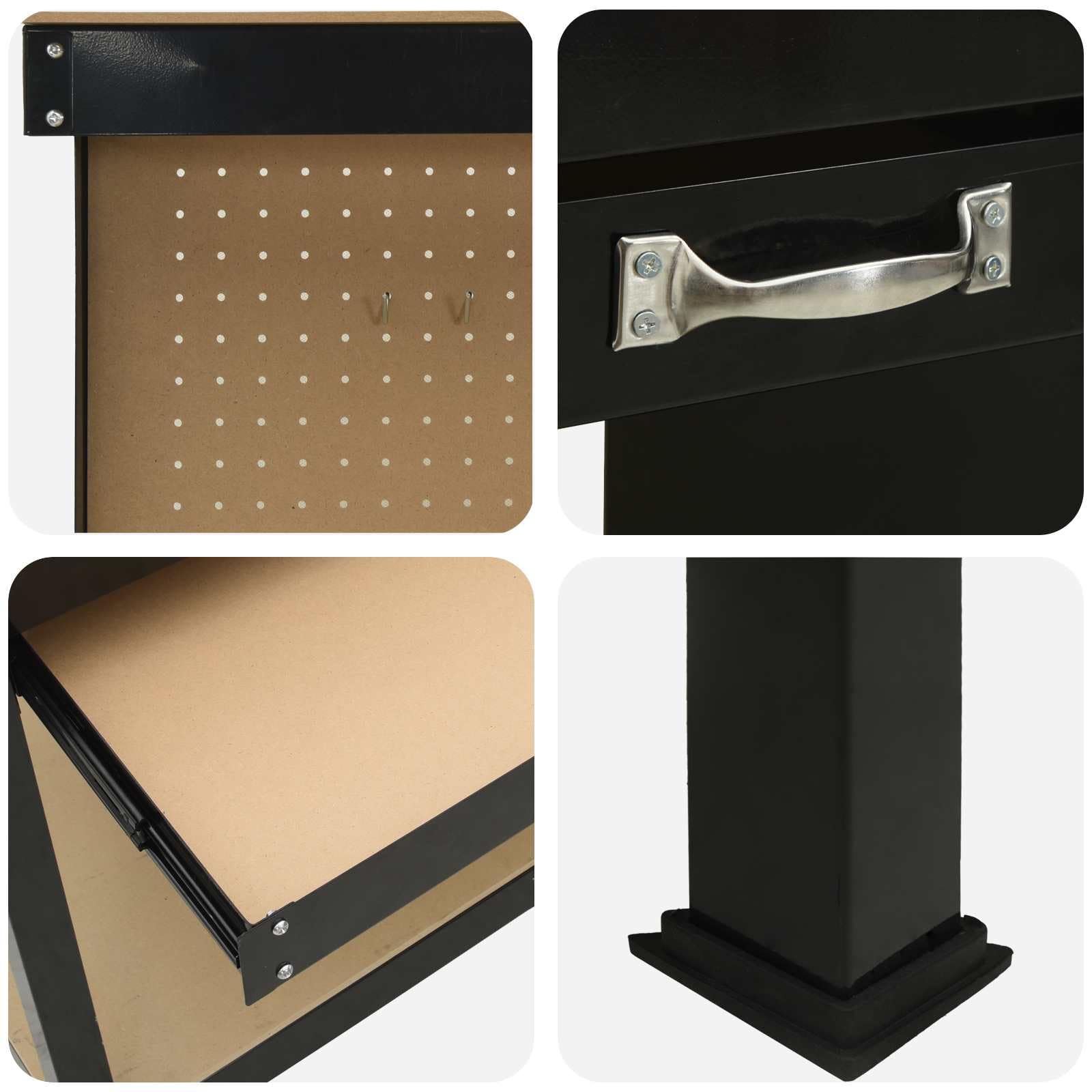 Banco de trabajo industrial con cajones, color negro, 81 x 41 x 145 cm, estructura de madera, estructura de metal, estanterías