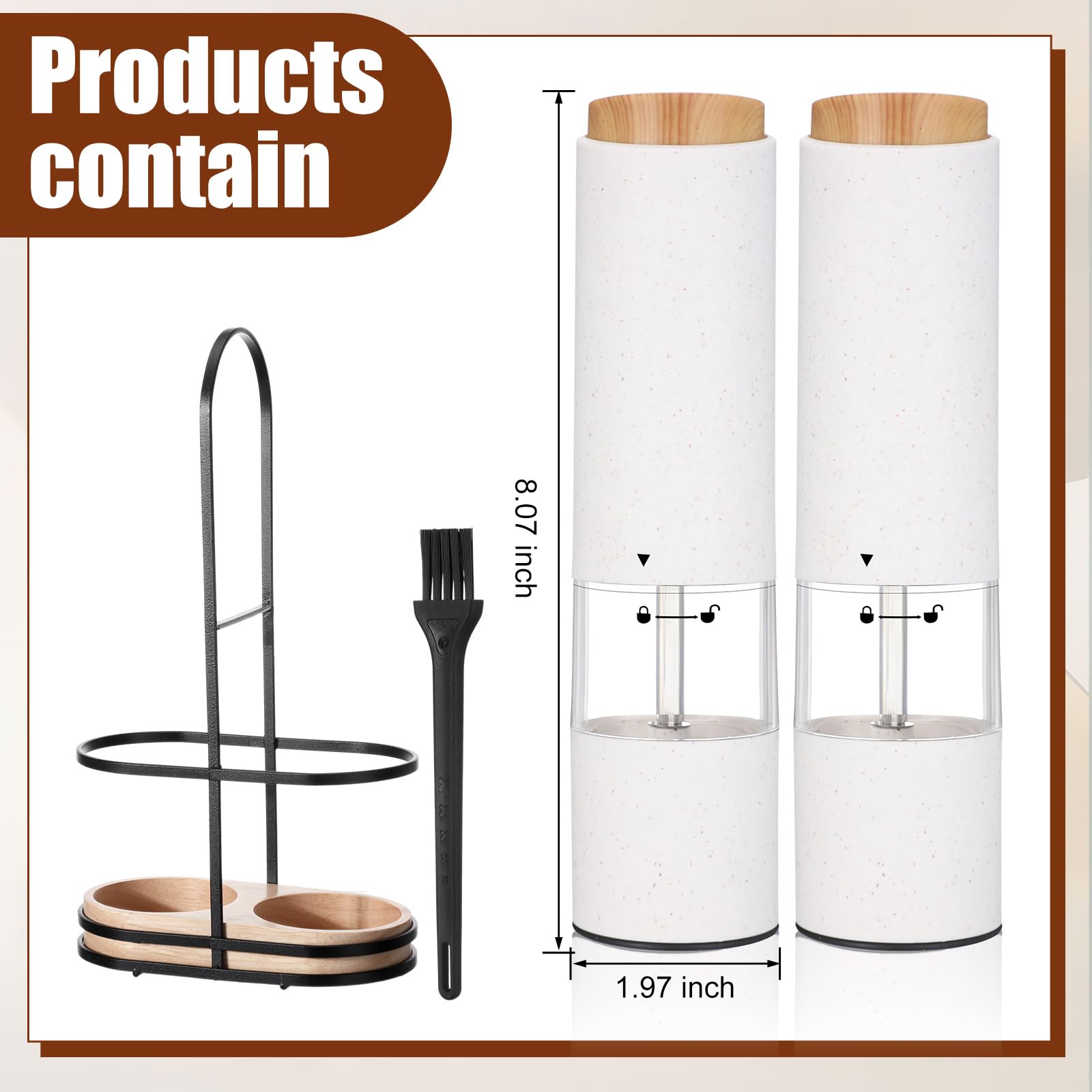 Threlaco Il set di macina sale e pepe elettrico include 2 confezioni di macinapepe a batteria con grossolanità regolabile, 1 base portatile a prova di fuoriuscite, smerigliatrice leggera per cucina e