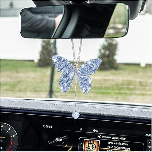 zipelo Accesorios de automóvil con diamantes de mariposa brillante, dijes de cristal para espejo retrovisor de automóvil para mujeres, decoración de
