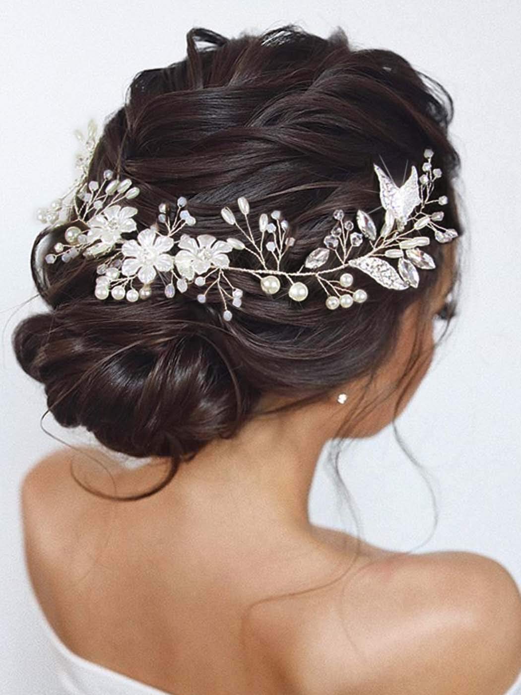 Unicra Bride Flower Wedding Hair Vine Leaf Silver Bridal Hair Piece Pearls Hair Accessories for Women
