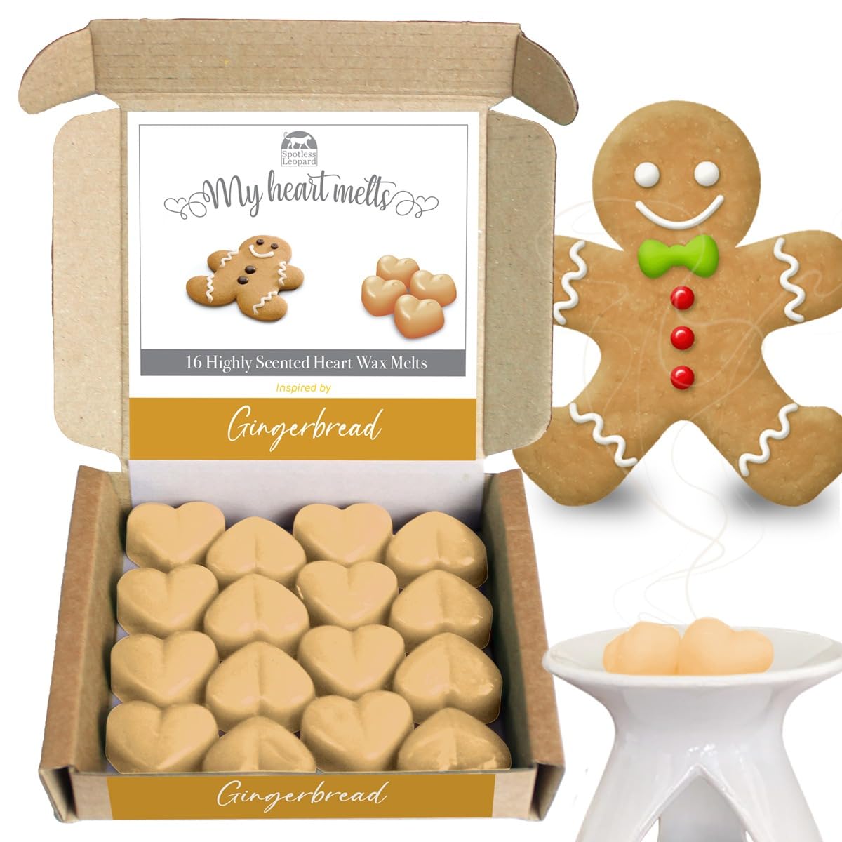 Gingerbread Wax Melts: 16 pcs Heart Shaped Gingerbread Candle Melts, Brown, Small - Image 2
