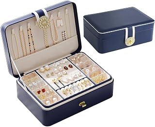 Jewelry Box Organizer for Women Girls 2 Layer Large Jewelry Storage Case PU Leather Jewelry Display Case and Organizer for Necklace Earrings Rings Bracelets Watch Navy Blue