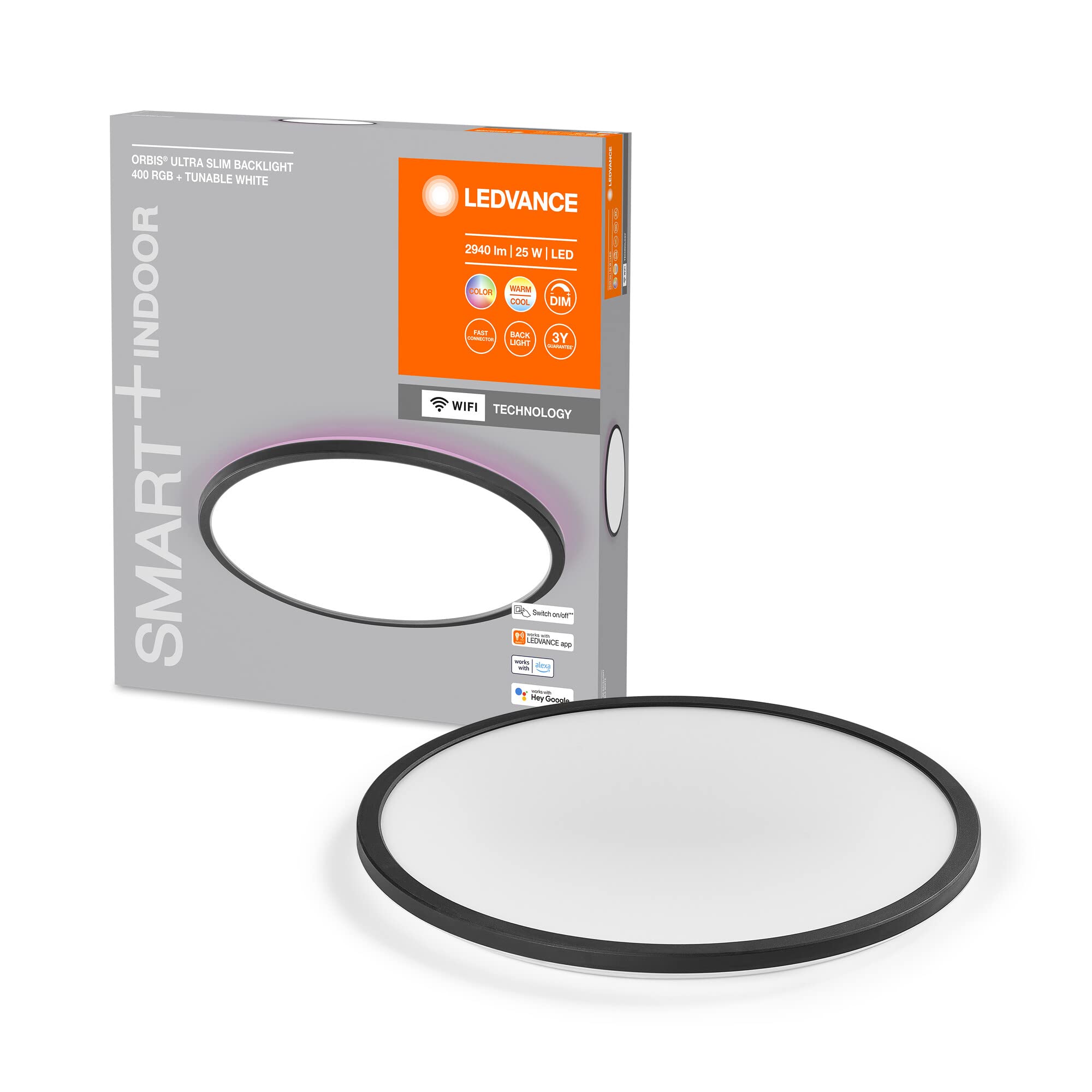 LEDVANCE SMART+ ORBIS WiFi-Panelleuchte, schwarz, 25W, 2940lm, 400mm, regulierbares Weißlicht (2700K-6500K), Rahmen mit RGB-Farblicht, dimmbar, steuerbar per App, kompatibel mit Amazon, Google und Co.
