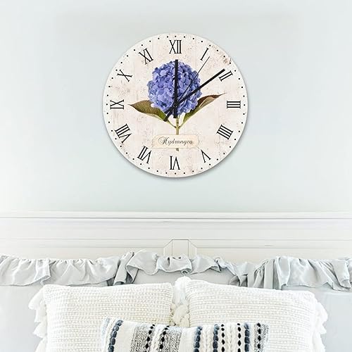 Miniatura 4 de Reloj de pared de hortensias moradas de 15 pulgadas, funciona con pilas, silencioso, sin tictac, retro, con textura de madera, reloj redondo para