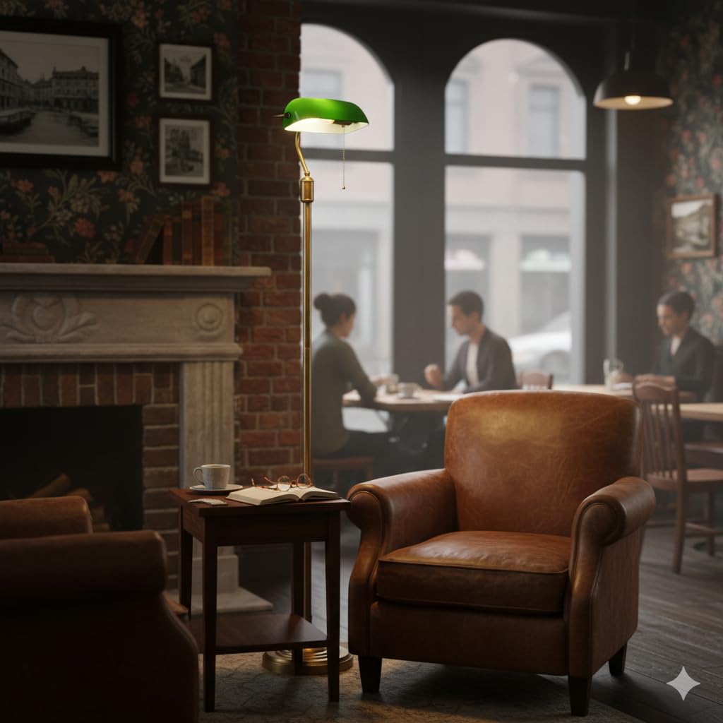 BARCELONA LED Vintage Lampa Podłogowa Bankierska – Klasyczny Zielony Szklany – Lampa Stojąca E27 z Włącznikiem Łańcuszkowym i Regulowanym– Retro Lampa do Salonu, Biura, Biblioteki i Sypialni