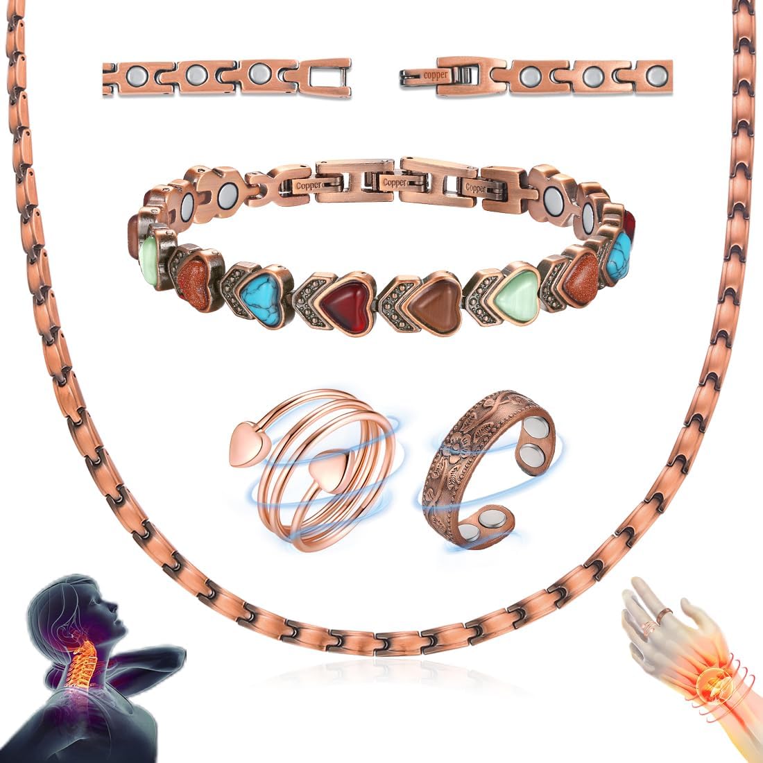 Vicmag 4PCS Magnetic Copper Necklace Bracelet Ring Set for Women Men - Magnetic Jewelry Present for Wellness & Neck Tension Relief, 99.9% Pure Copper