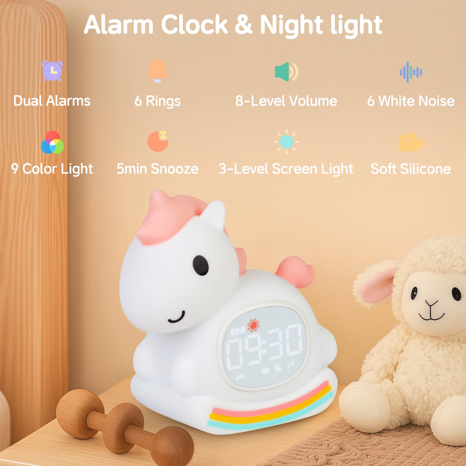 Yiliaw Rosa Pony Kinderwecker mit Nachtlicht – Schlaftrainer & Aufwachuhr, wiederaufladbare Silikonlampe für Schlafzimmer, Perfekter Schlafbegleiter für Jungen & Mädchen