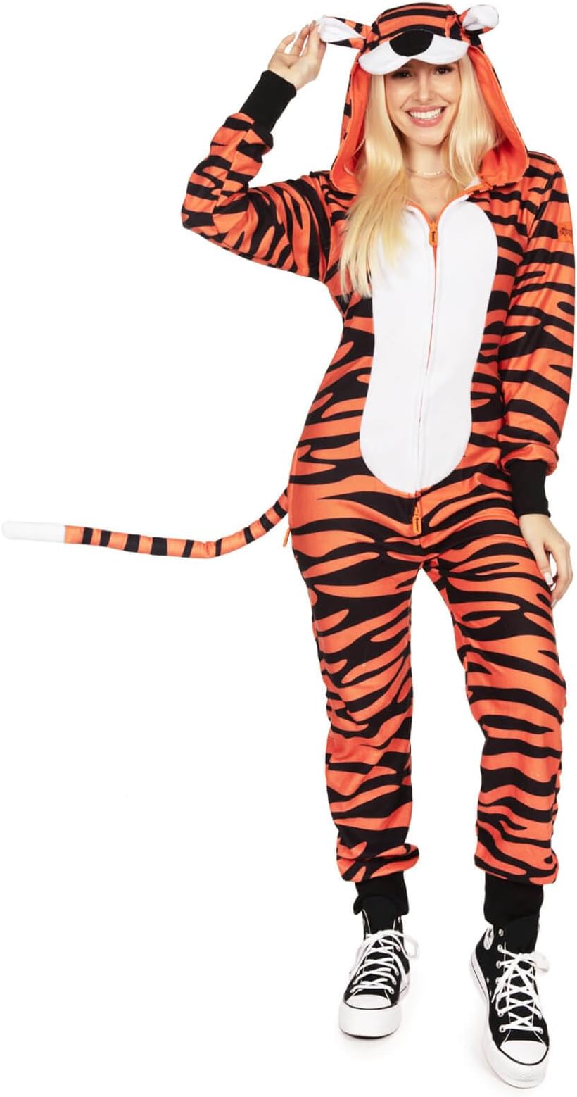 Tipsy Elves Womens Tiger Halloween Costume - Jungle Animal Costumes for Women Adult Hooded Front Zipper Onesie Jumpsuits