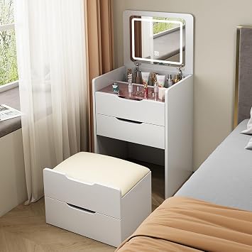 3 in 1 Vanity Desk with Flip Top Mirror, Small Makeup Vanity Set Visible Glass Desktop, Dressing Table with Cushioned Tool, 3 Drawers A18.9" W White