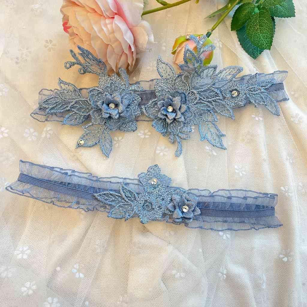 2Pcs Wedding Garter Set Floral Appliques with Rhinestones Bridal Leg Garters for Brides