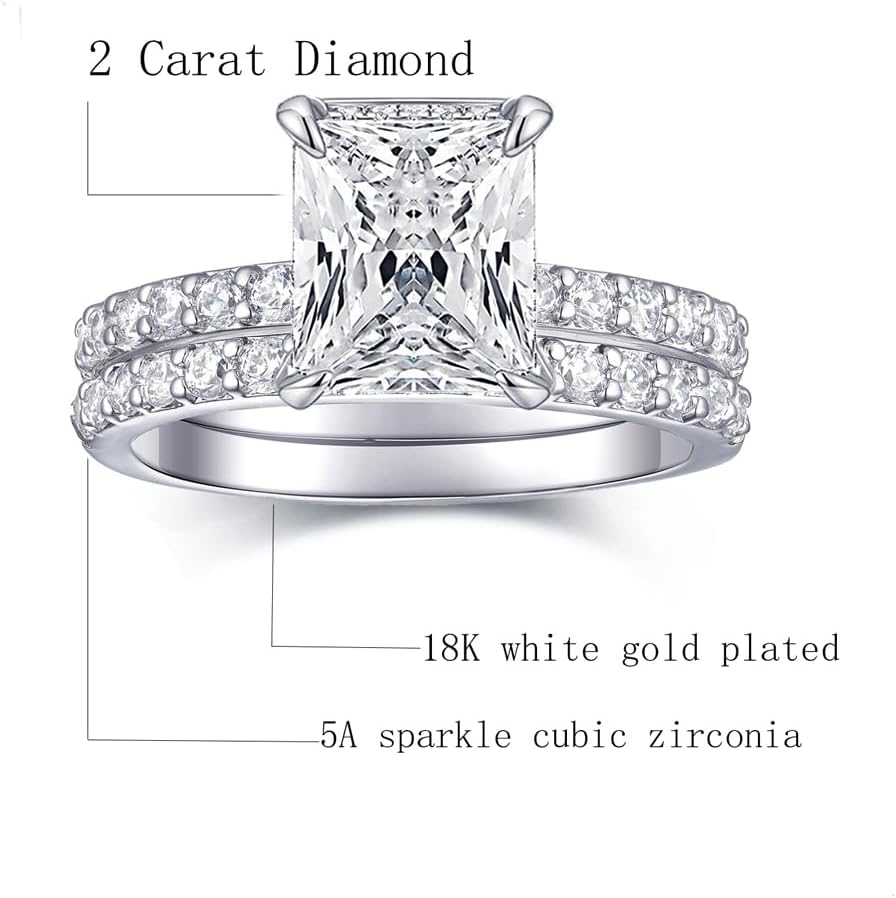 2 CT Radiant Cut Engagement Rings for Women Fake Wedding Ring Band Promise Rings for Her, Cubic Zicornia Ring 2 PCS, Size 4-11 - Image 6