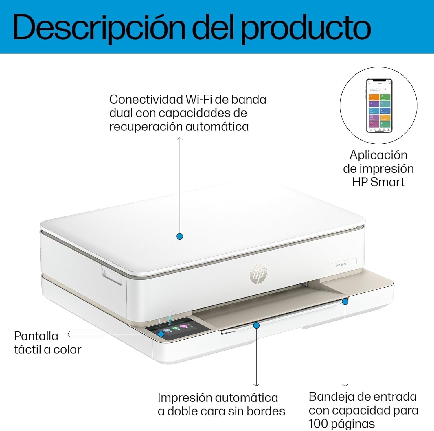 HP Envy 6120e Impresora multifunción de inyección de tinta A4 color Wi-Fi impresión doble cara automática 10 ppm Instant Ink Blanca