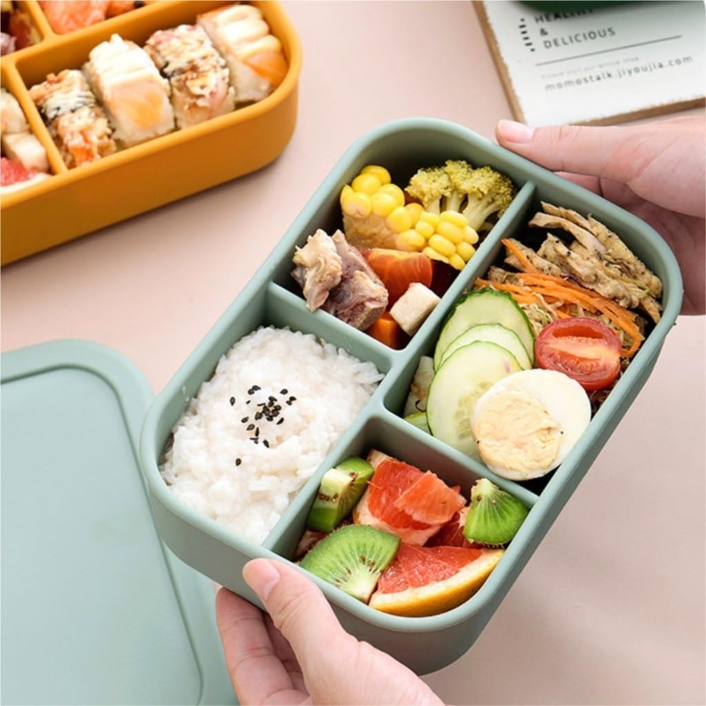 Frischhaltedosen Silikon-Vierfach-Crisper-Mikrowellen-Heizbox-Fach-Aufbewahrungsbox, Lange Box mit Deckel Organizer Kühlschrank (Color : Green, Size : F)