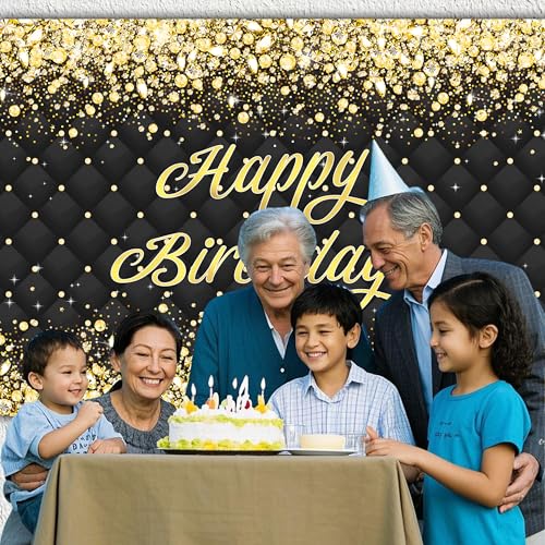 Image of Birthday Decorations Backdrop 10 x 8 ft Green Golden Happy Birthday Banner Large Birthday Party Background for Men Women Kids Photo Shoot Supplies (Black-Birthday, 10 * 8 ft)