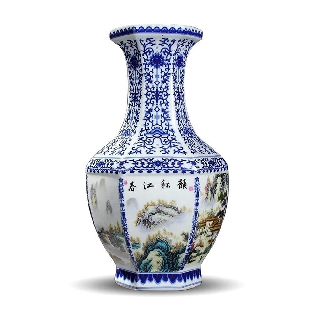 asdchZen Ceramic Vase For Flowers, Chinese Anticeramic Vase Blue And White Porcelain Hexagonal Blue And White Porcelain Vase Art