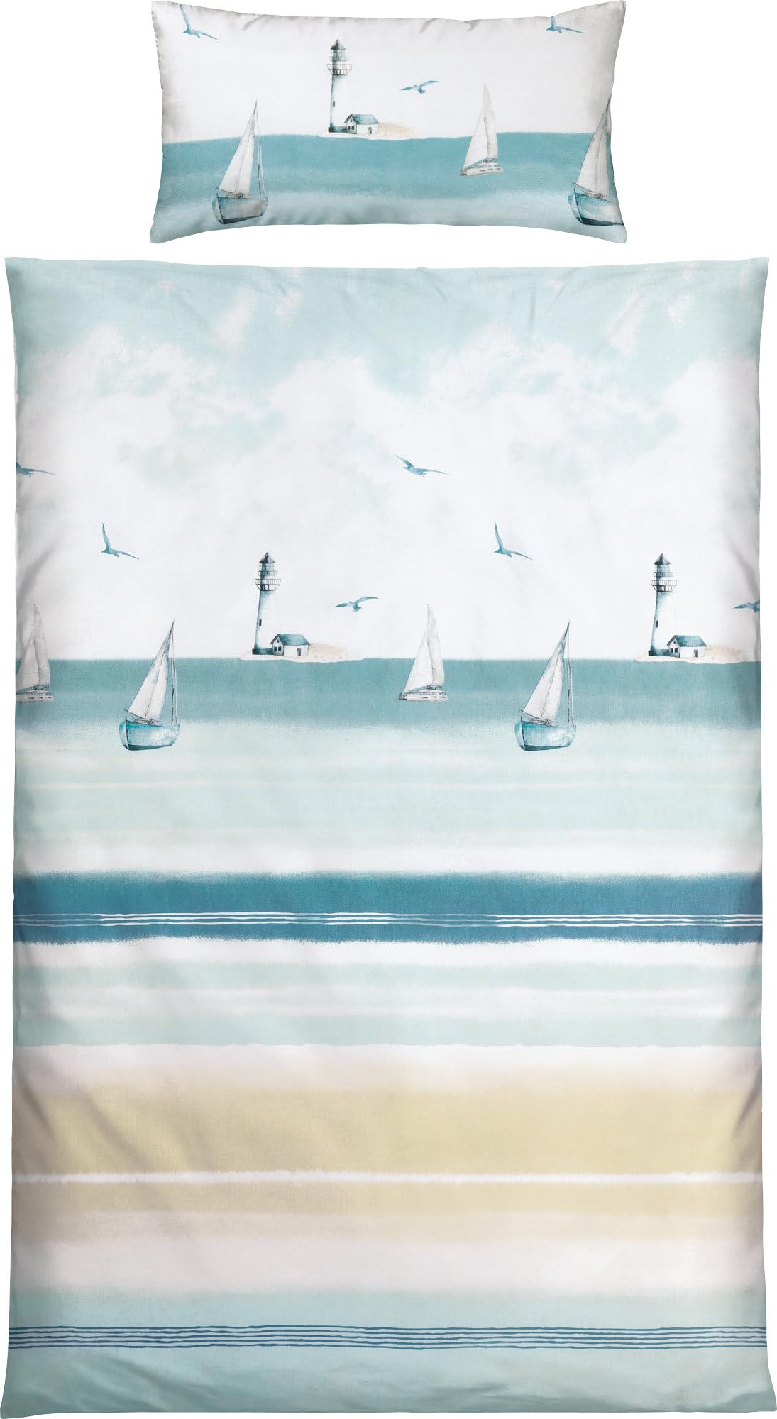 REDBEST Renforcé Bettwäsche Maritim blau-beige Größe 40x80 cm / 135x200 cm - temperaturausgleichend, strapazierfähig, mit Reißverschluss