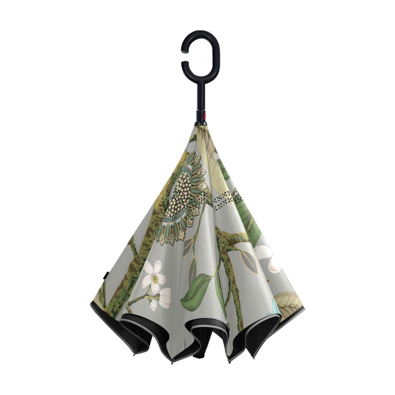 MNSRUU Doble capa invertida pájaros limones flores colibríes paraguas coches reversa viento paraguas lluvia para coche exterior con mango en forma de C protección UV viento, Mutli, L
