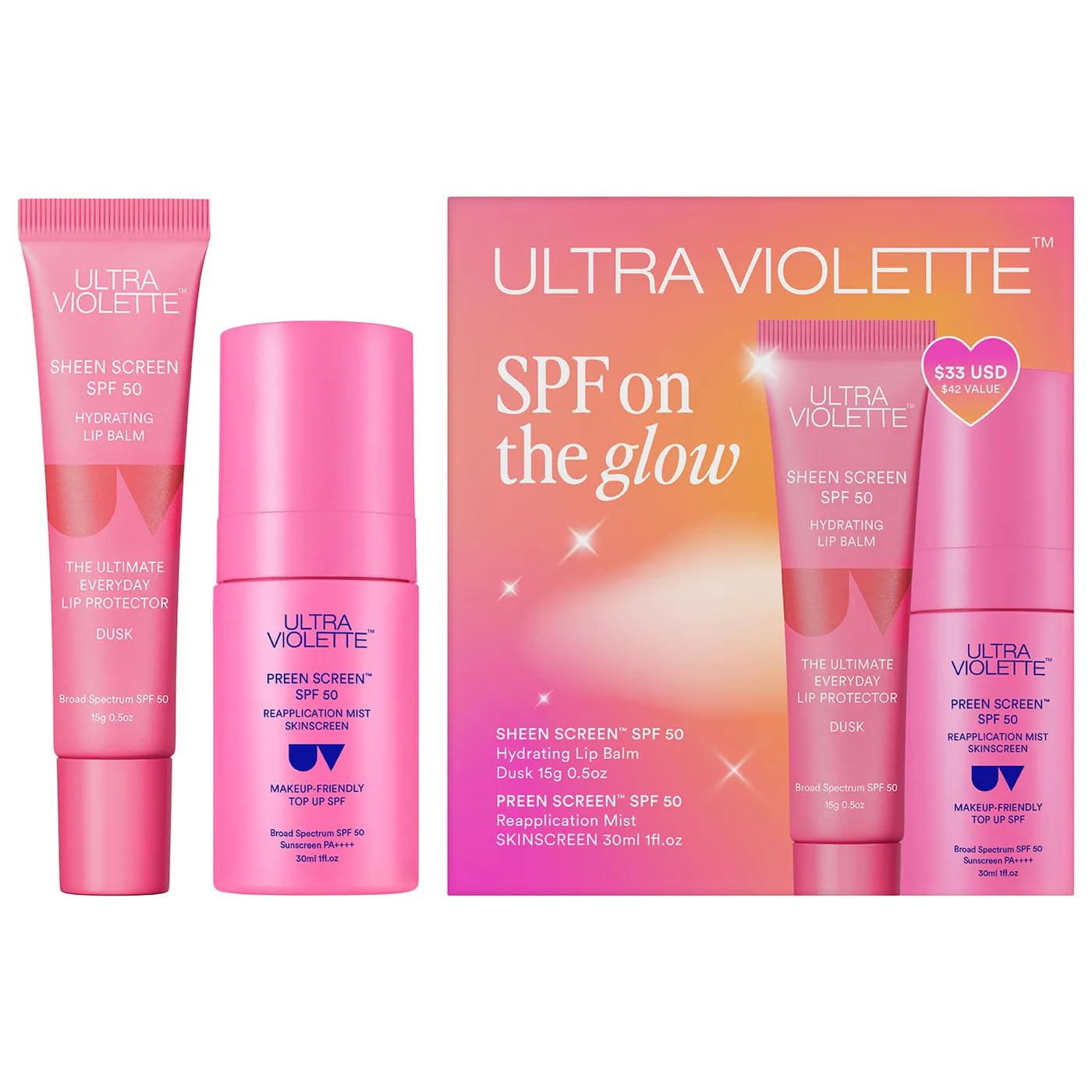 Ultra Violette SPF on the Glow SPF 50 Sunscreen Duo – Makeup-Friendly Reapplication Mist & Hydrating Lip Balm Set