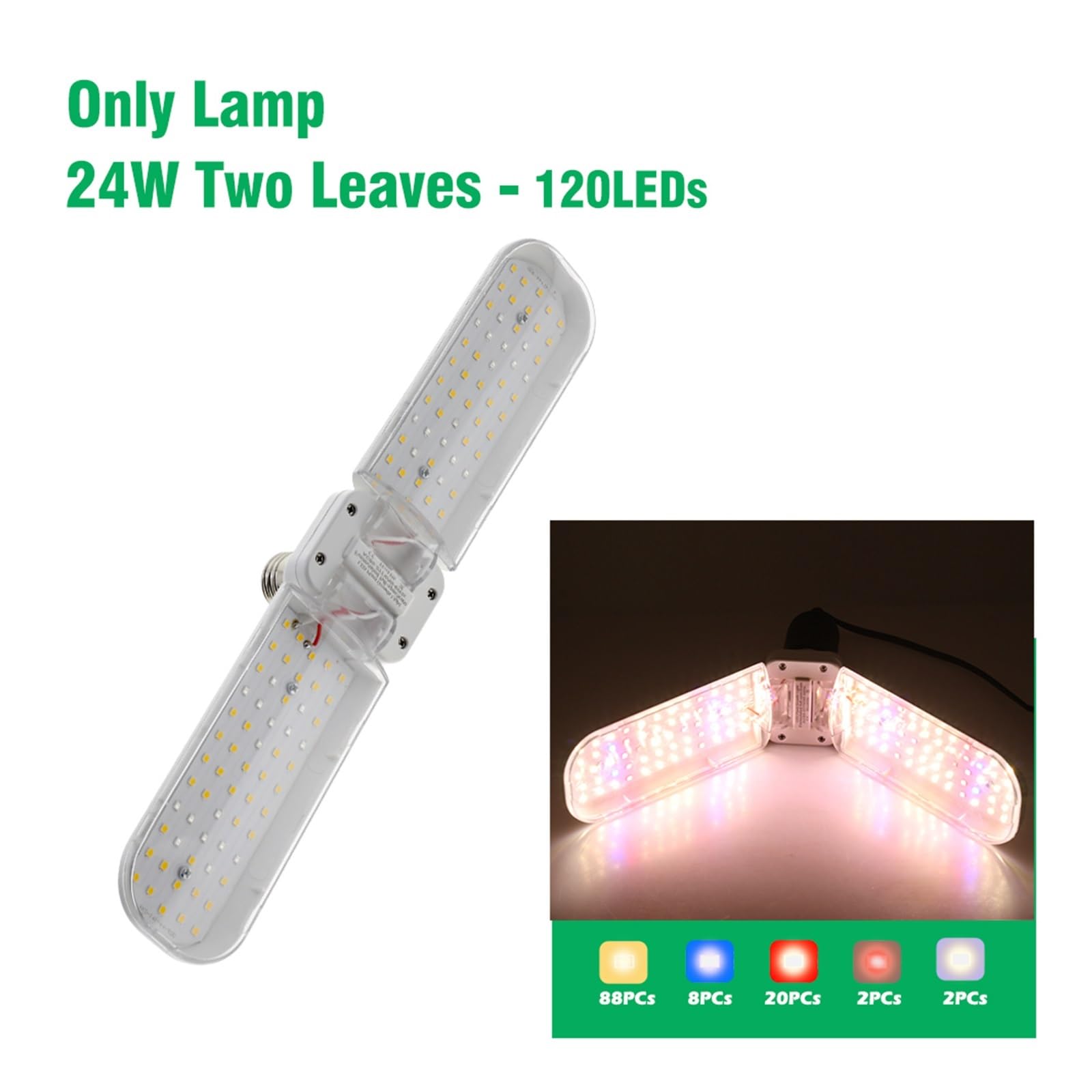 Grow Light, Luz LED plegable de 24W, 36W, 48W, espectro completo, E27, luz for cultivo de plantas, Bombilla Phytolamp for plantas de interior, plántulas de flores(24W-Only lamp)