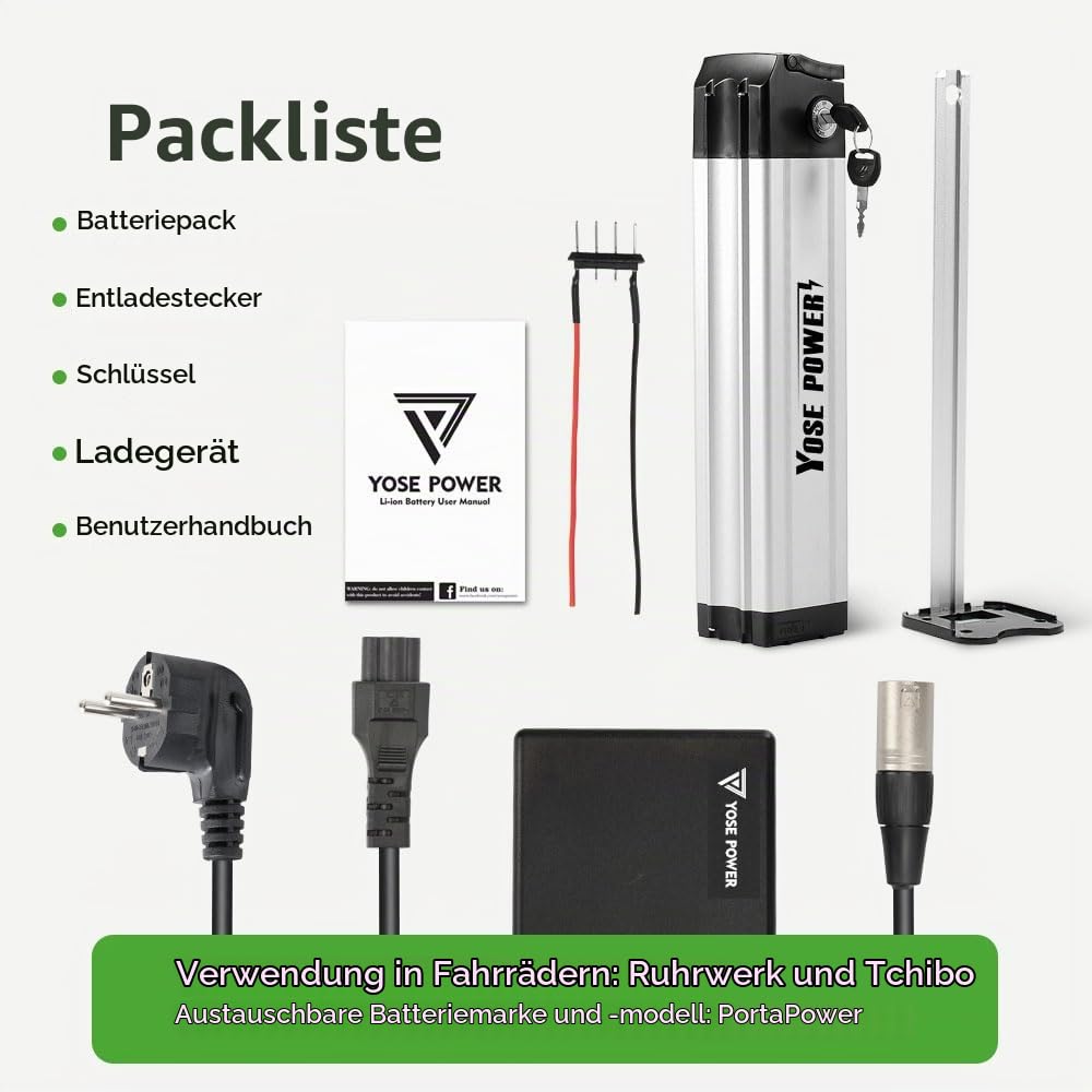 E-Bike Batterie 24V 15,6Ah Li-ion Akku Sitzrohrbatterie inklusive Ladegerät kompatibel mit Ruhrwerk, Tchibo, PortaPower