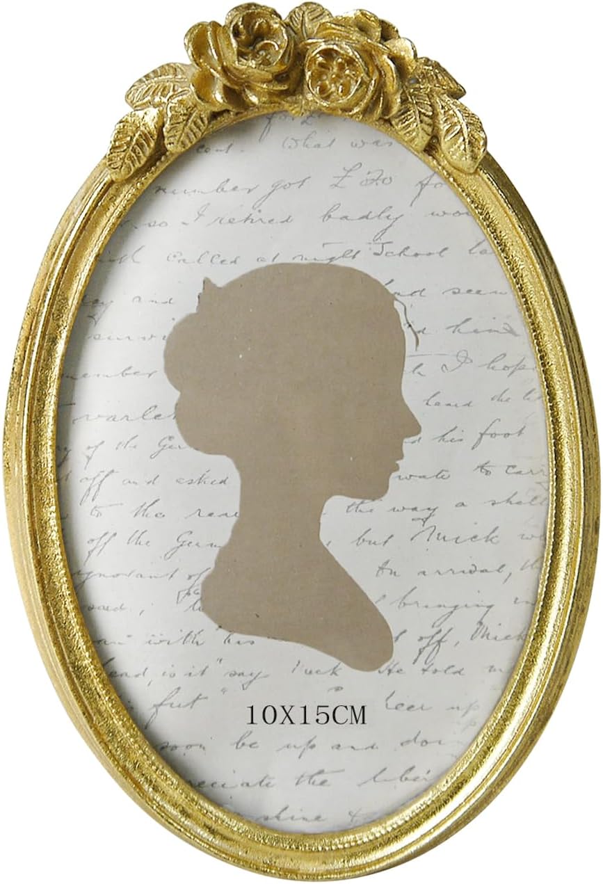 Sunlit Vintage Picture Frame 4x6 Inch, Oval Antique Photo Frames with Glass Front, Luxury Photo Display, Tabletop Wall Hanging, Gift Ideas, Golden Rose