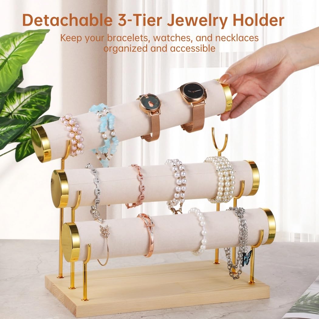 Soporte para pulsera, soporte de exhibición desmontable de 3 niveles, organizador de joyas de escritorio, soporte de joyería de terciopelo con base de madera, para brazaletes, relojes, collares