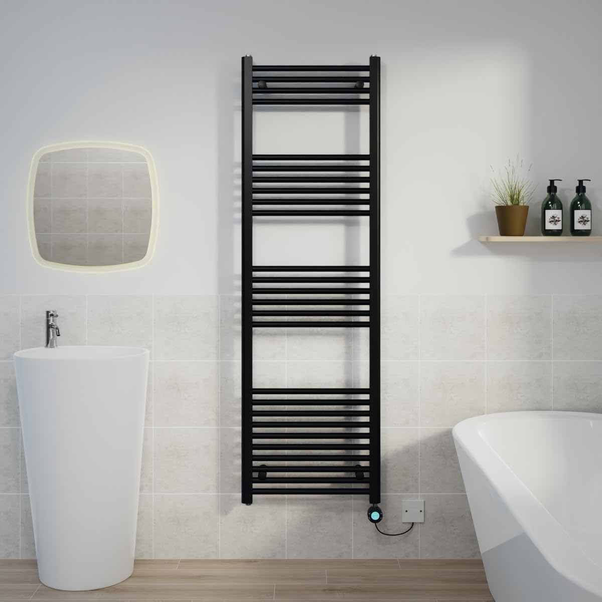 Warmehaus Black Electric Heated Towel Rail Straight Thermostatic Bathroom Towel Radiator With Timer - 1600X500mm 800W