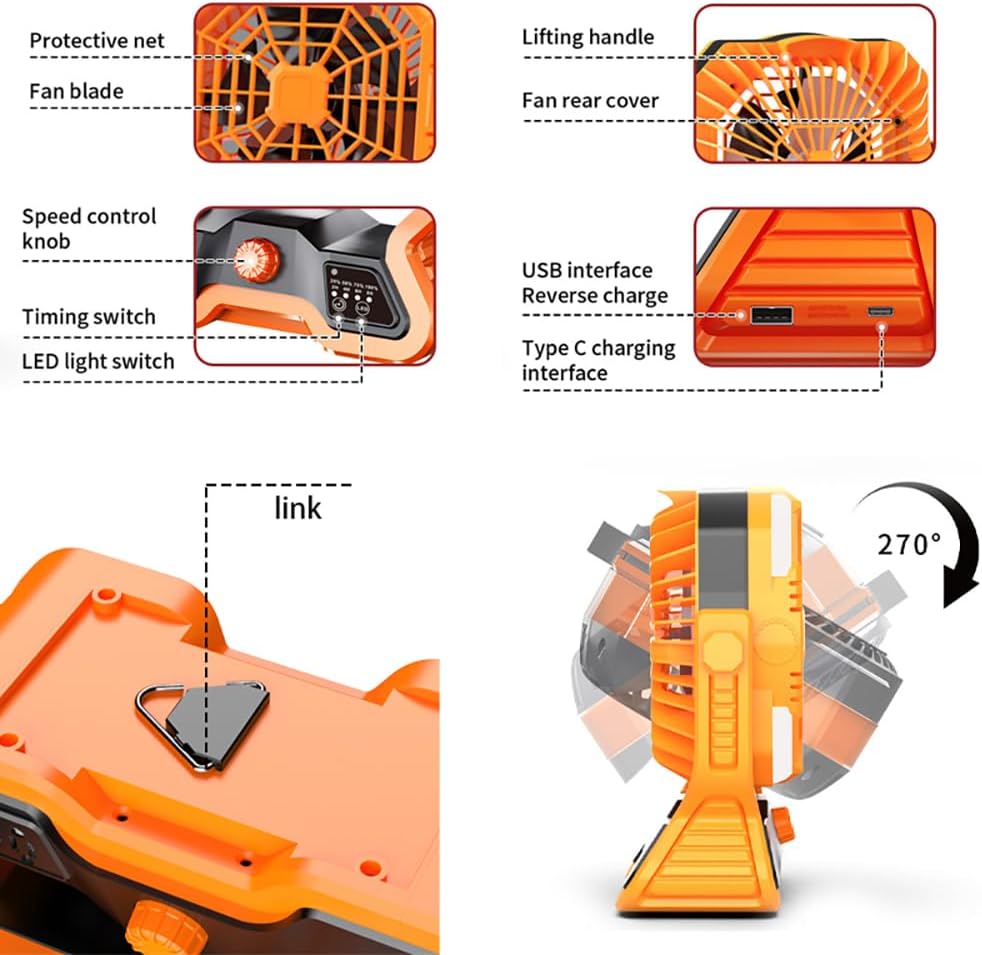 Portable Camping Fan with LED Light, 20000mAh Rechargeable Battery | Dual - Blade, 4 - Level Brightness, Quiet Operation | Ideal for Outdoor Camping, Home, Office, Fishing(Orange)