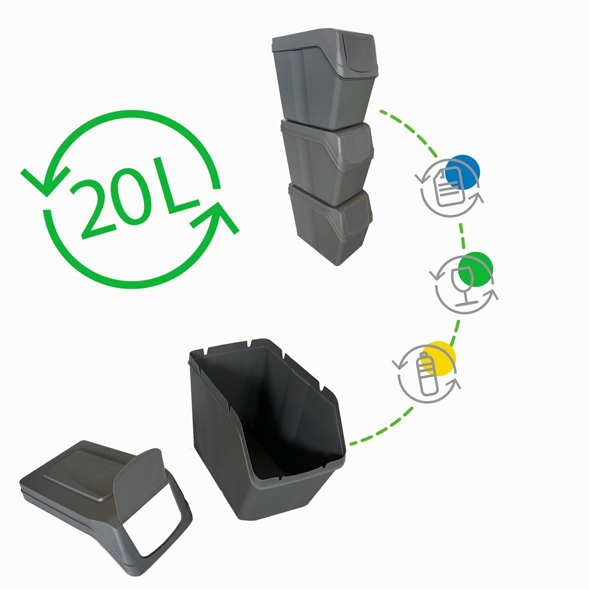 Prosperplast - Set di 3 cubi 3x20L Raccolta Differenziata Riciclaggio Comodo