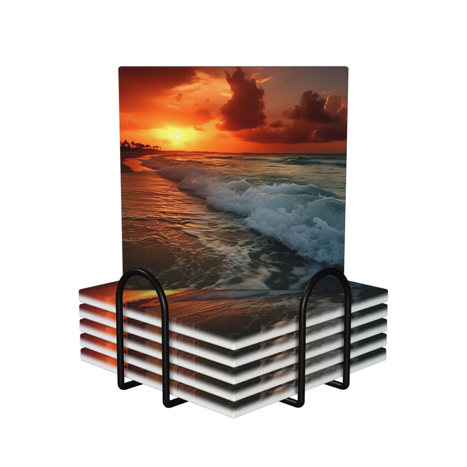 Dessous de verre carrés en céramique lot de 6 avec support en métal motif coucher de soleil
