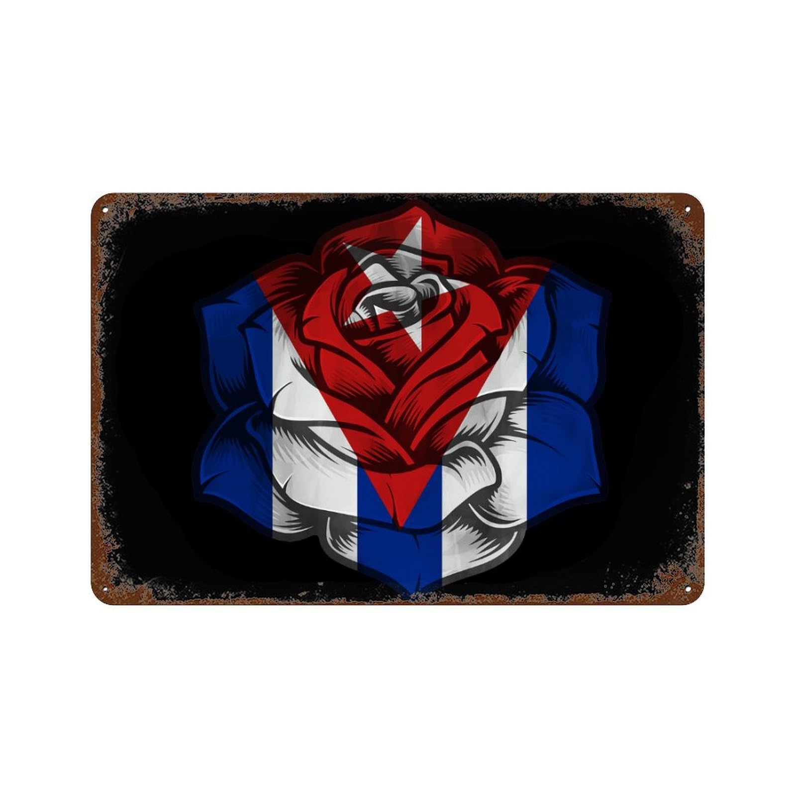KWQDOZF Rose Cuba Flag Theme Metal Tin Sign,Vintage Iron Hanging Plate Horizontal with Rust Poster Wall Decor 8x12inch