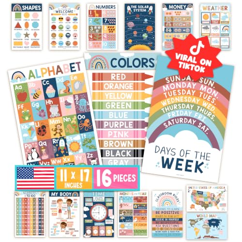 Hadley Designs Learning Posters for Toddlers 1-3 Preschool Classroom Decor | 16-Pc Big 11x17 Laminated Educational Posters for Toddlers 1-3 Kindergarten Classroom Must Haves Homeschool & Playroom Decor