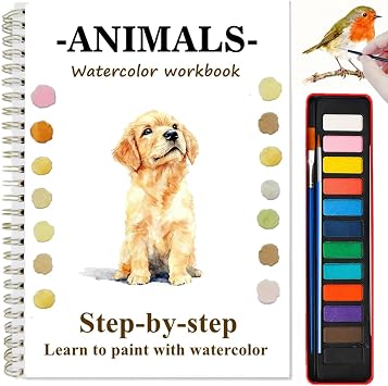 Watercolor Workbooks with Sketches, Beginner Friendly Water Coloring Book Watercolor Paint Set Art Crafts Painting Kit Gift for Adults, Any Level Artist Animals, with Paint Set