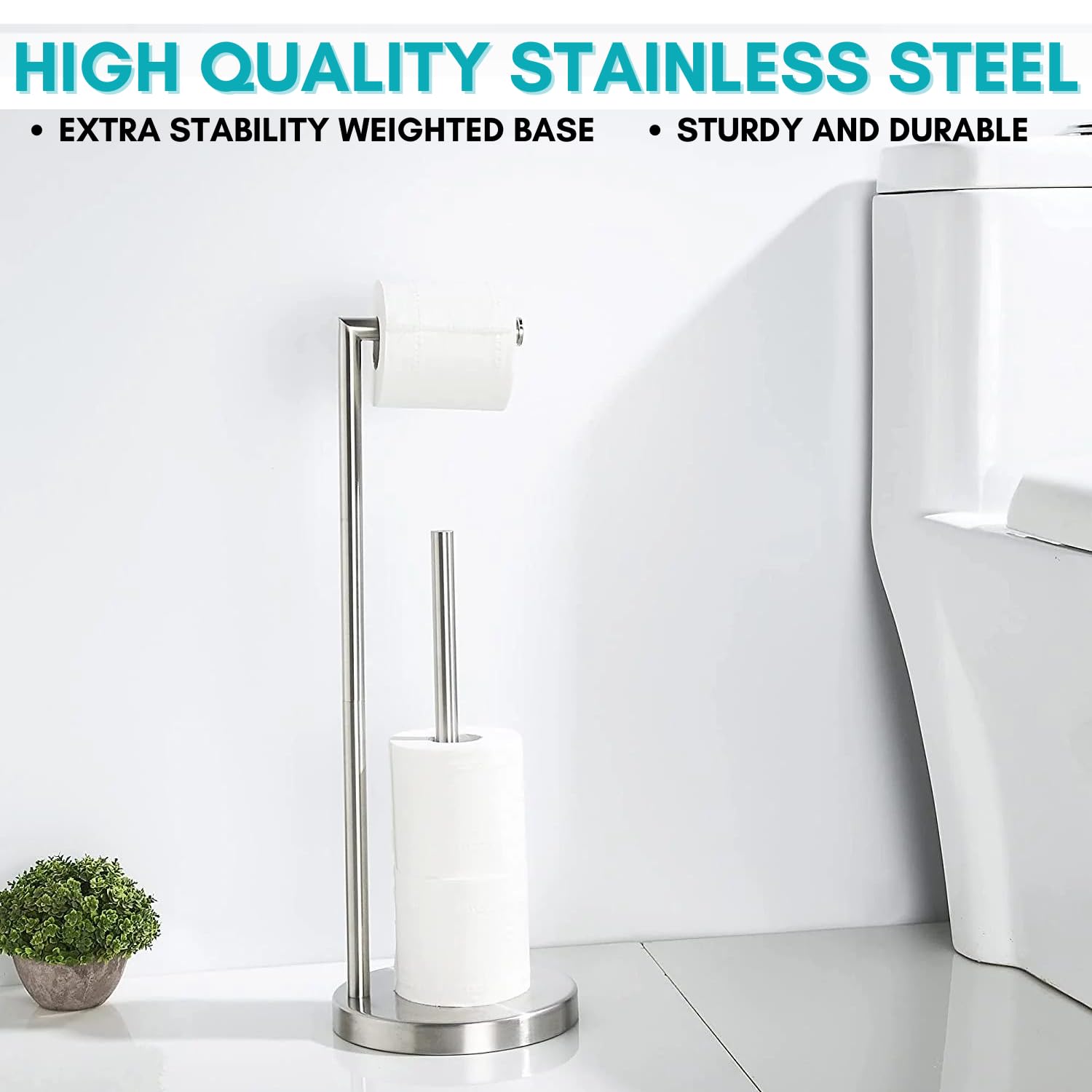 Free Standing Toilet Roll Holder Waterproof Rustless Stainless Steel Bathroom Accessory Toilet Paper Holder with Screws Installation Anti-Slip weighted base kitchen roll holder with Storage - Image 3