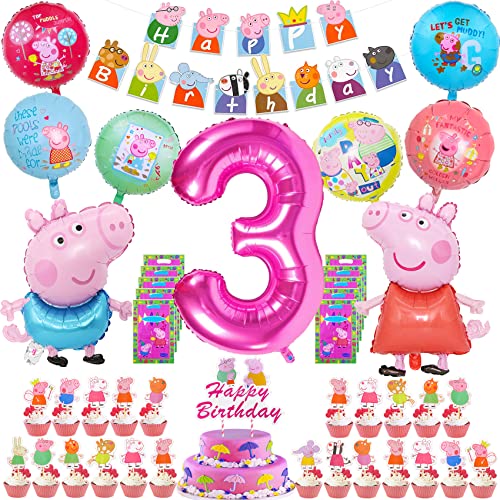 Decoracion Fiesta Cumpleaños Niña 3 Años, 9 Globos de Aluminio para Niños+1 Pancarta de Feliz Cumpleaños+1 Decoración de Pastel de Cumpleaños+24 Decoración de Cupcakes+10 Bolsas de Caramelos Cover