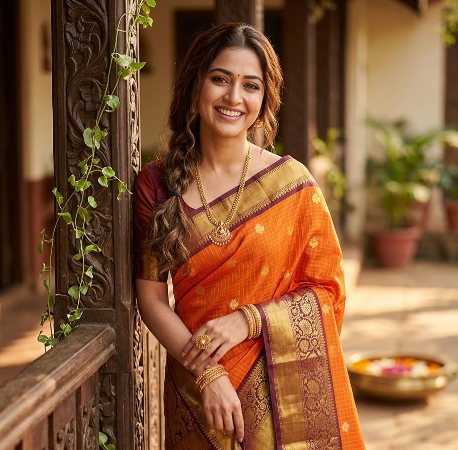 Image of Orange Silk Saree with Gold Zari Border and Floral Motifs, Traditional Indian Ethnic Wear