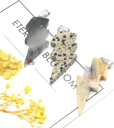 Vista 7 de LHJ 5 colgantes de piedra natural con forma de relámpago, piedra de ágata de cristal de chakra, para hacer joyas, collar, amuleto, Piedra Ágata