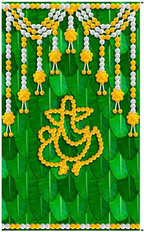 Image of Ganesh Backdrop Curtain Ganesh Backdrop for Decoration Cloth Pooja with Banana Leaves Flowers 5X8 Size