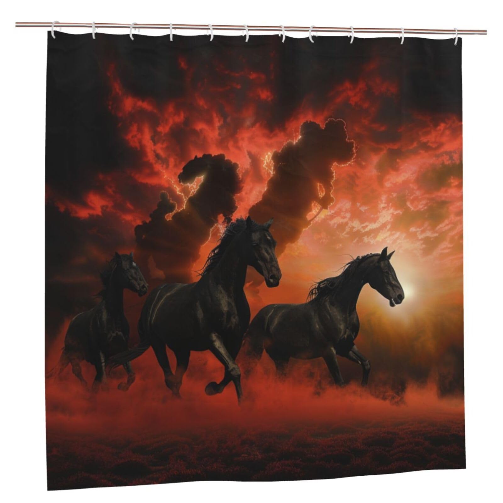 BWWHCCTI Black Horses Red Glowing Clouds Printed Shower Curtain With 12 Plastic Hooks Opaque Quick Drying Waterproof Shower Curtains Sets For Bathroom 183x183 CM