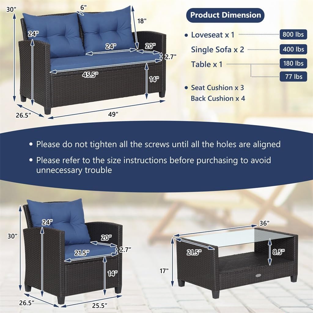 4 PCS Patio Rattan Furniture Set Glass Table Shelf Sofa Cushion Navy