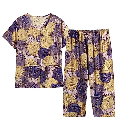 Conjunto de pijama de 2 piezas con estampado de dos piezas para mujer, conjunto de pijama de cuello redondo con pantalones, conjunto de ropa de descanso, ropa de dormir suelta, ropa de dormir para