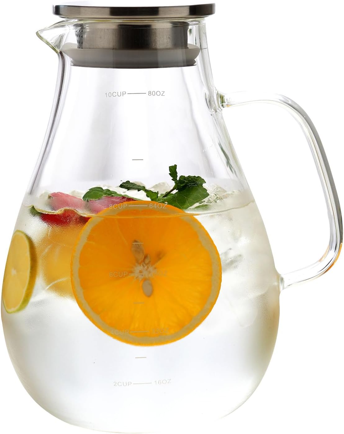Glass Water Pitcher With Lid and Handle Juice Bottles Easy Clean Heat Resistant Water Carafe For Hot Cold Beverages Fridge Coffee Lemonade Cold Brew Iced Tea & Juice 2.4 Liter 80Oz