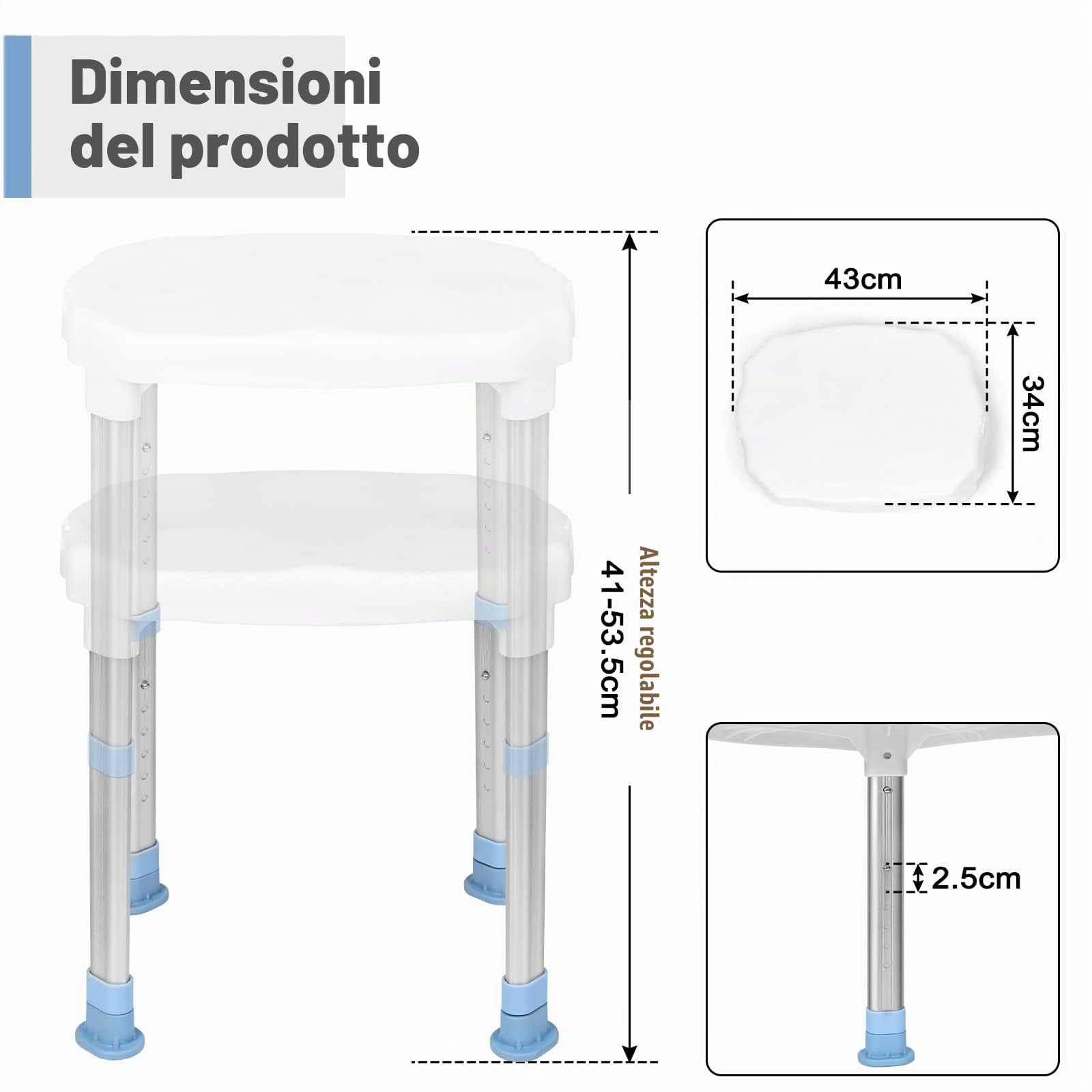 UISEBRT Sedia da doccia, regolabile in altezza, con piedini in gomma antiscivolo, per doccia, fino a 150 kg