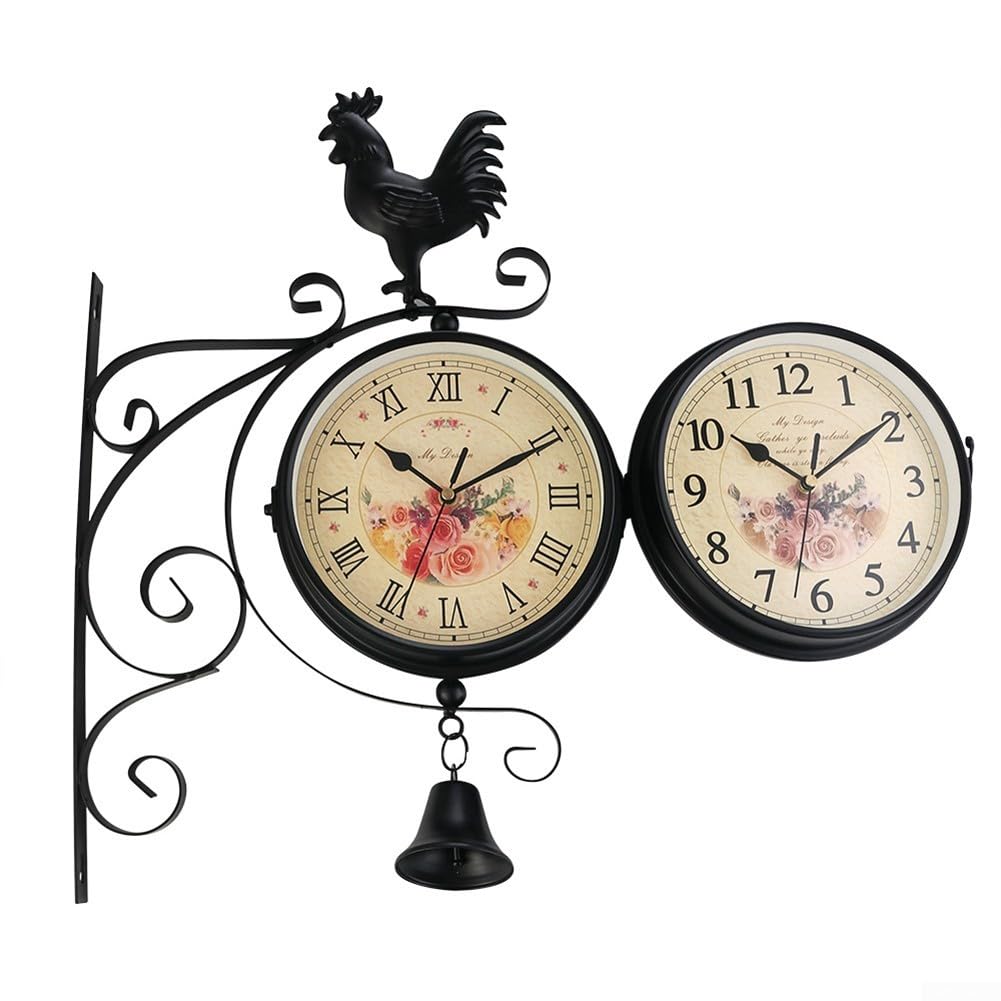 Orologio da parete vintage per esterni in ferro nero impermeabile, movimento al quarzo silenzioso con grandi numeri