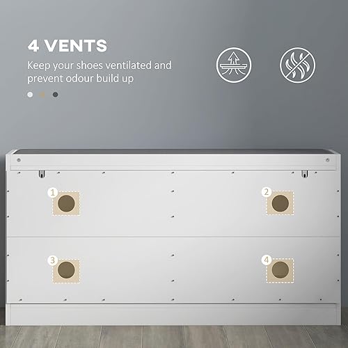 Miniatura 8 de HOMCOM Banco de zapatos, banco de entrada con 2 cajones abatibles, cojín de asiento y 2 rejillas de ventilación para 8 pares de zapatos para