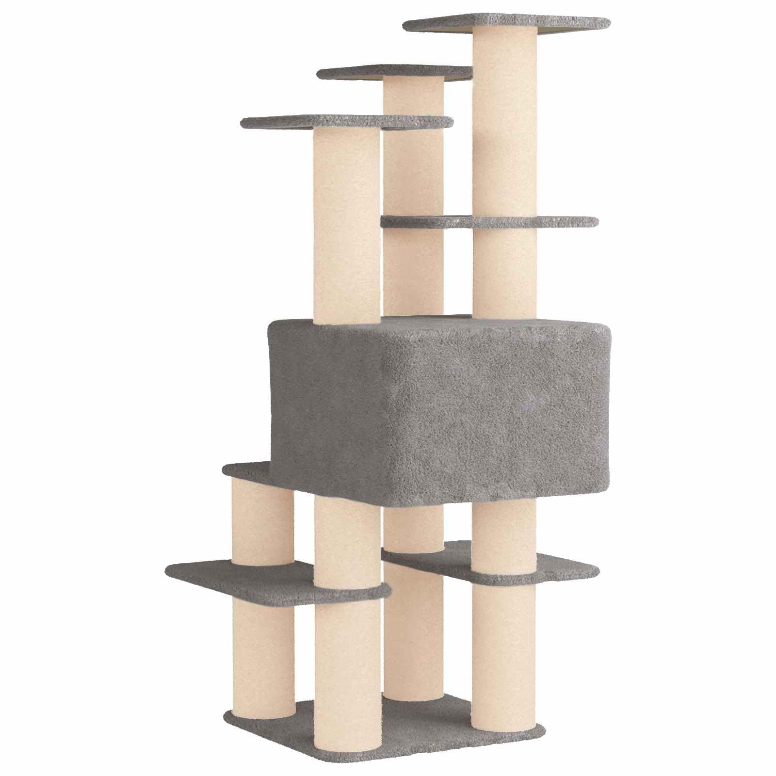 Árbol rascador de 161 cm, color gris claro, con cueva y tronco de sisal | Árbol rascador para gatos de varios niveles hecho de madera y felpa. Parque infantil ideal para la sala de estar.